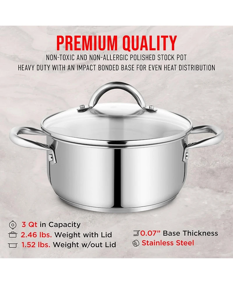 Bakken-Swiss Deluxe 3-Quart Stainless Steel Stockpot w/Tempered Glass See-Through Lid - Simmering Delicious Soups Stews & Induction Cooking