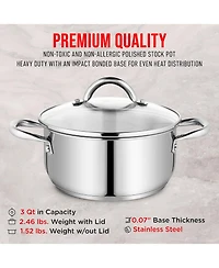 Bakken-Swiss Deluxe 3-Quart Stainless Steel Stockpot w/Tempered Glass See-Through Lid - Simmering Delicious Soups Stews & Induction Cooking