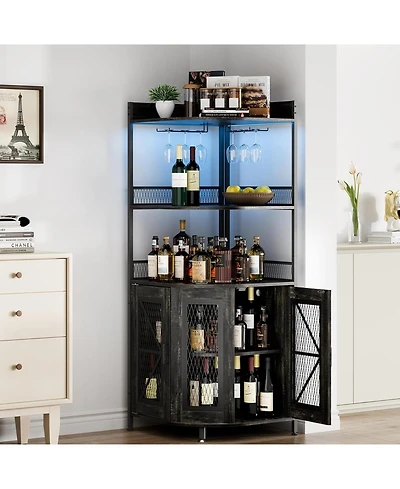 gaomon Corner Bar Cabinet with Charge Oult, 5-Tiers Wine Cabinet with Led Light and Glass Holder, Tall Home Liquor Cabinet for Living Room, Corner Dis