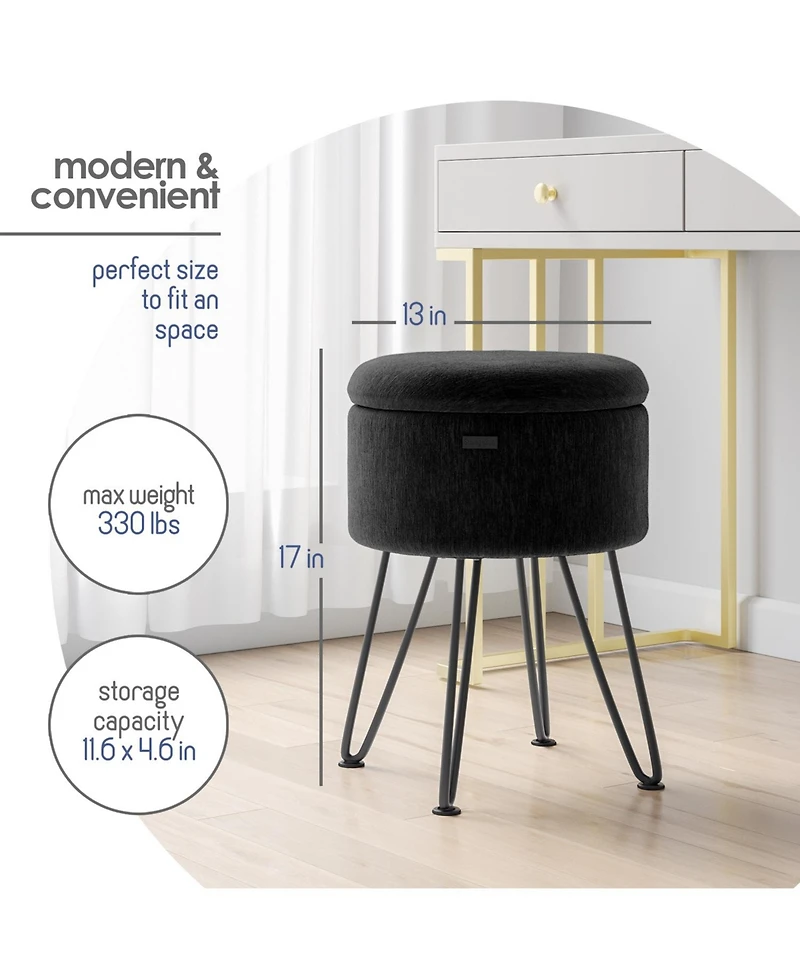 Nestl Textured Velvet Round Ottoman with Storage – Modern Foot Stool, Makeup Vanity Small Rest, Perfect for Living Room & B