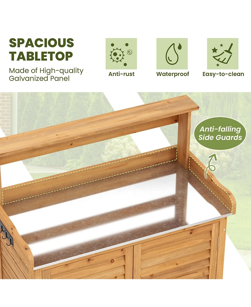 Outdoor Potting Bench with Galvanized Metal Countertop 3 Hanging Hooks