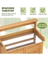 Outdoor Potting Bench with Galvanized Metal Countertop 3 Hanging Hooks