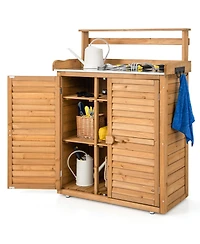 Outdoor Potting Bench with Galvanized Metal Countertop 3 Hanging Hooks