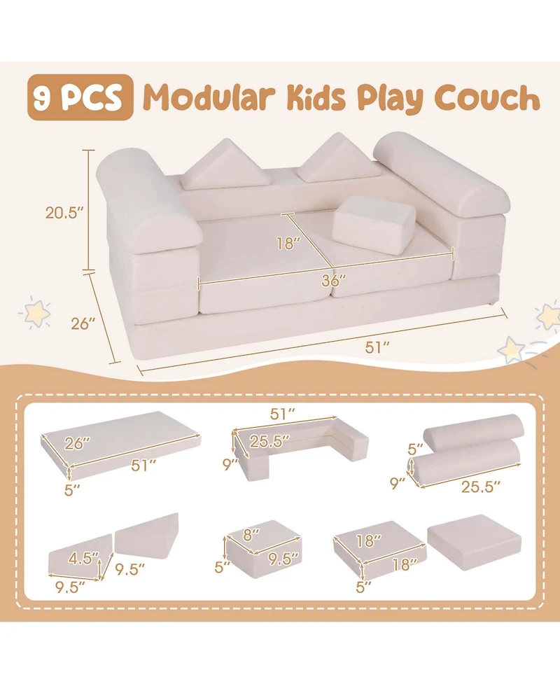 Costway Kids Modular Play Couch Set with Suede Fabric Cover High-Density Foam