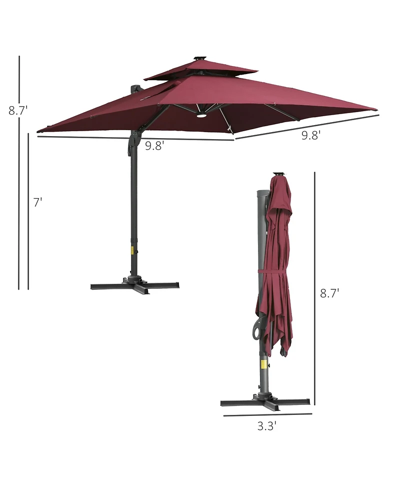 Outsunny 10x10ft Shade Umbrella with Solar Led Cold Lighted, Wine