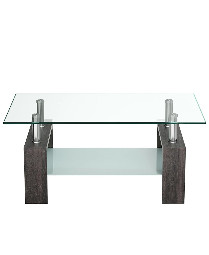 Rectangular Tempered Glass Coffee Table w/Shelf Wood