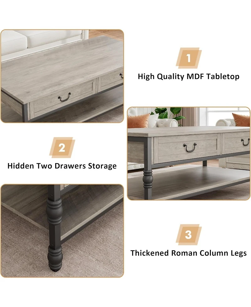 gaomon Coffee Table with Drawers, 41" Large Center Table with Storage Rectangular Cocktail Table, Mid Century Wooden Coffee Tables, Retro Living Room