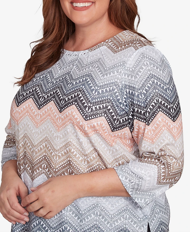 Alfred Dunner Plus Classic Lacey Ombre Chevron Crew Neck Top