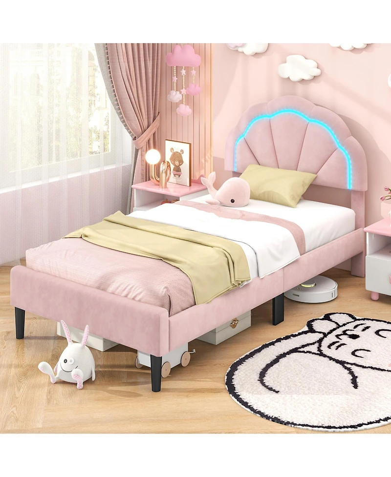 Twin Size Upholstered Led Bed Frame with Adjustable Flower Headboard and Metal Support Legs