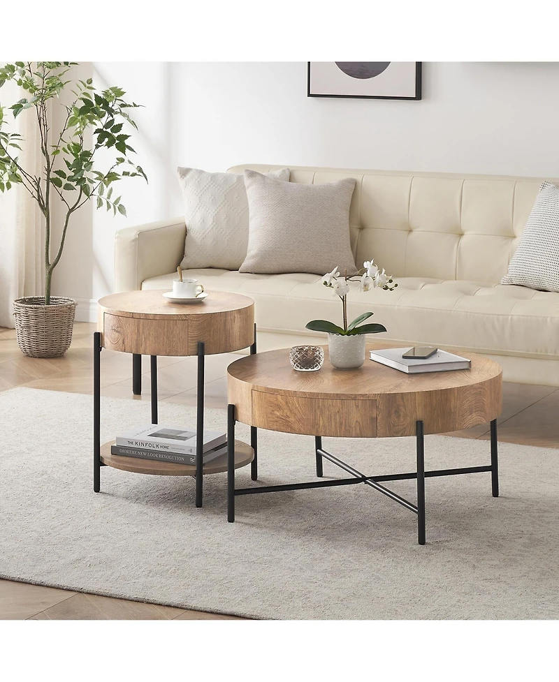 gaomon Round Coffee Table with Drawers Farmhouse Coffee Table with Storage Wood Accent Center Table Natural Coffee Table for Living Room