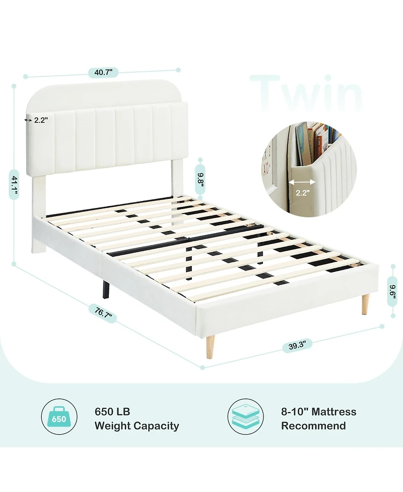 gaomon Twin Bed Frames, Upholstered Platform Bed Frame with Bookcase Headboard, Velvet Platform Bed Mattress Foundation