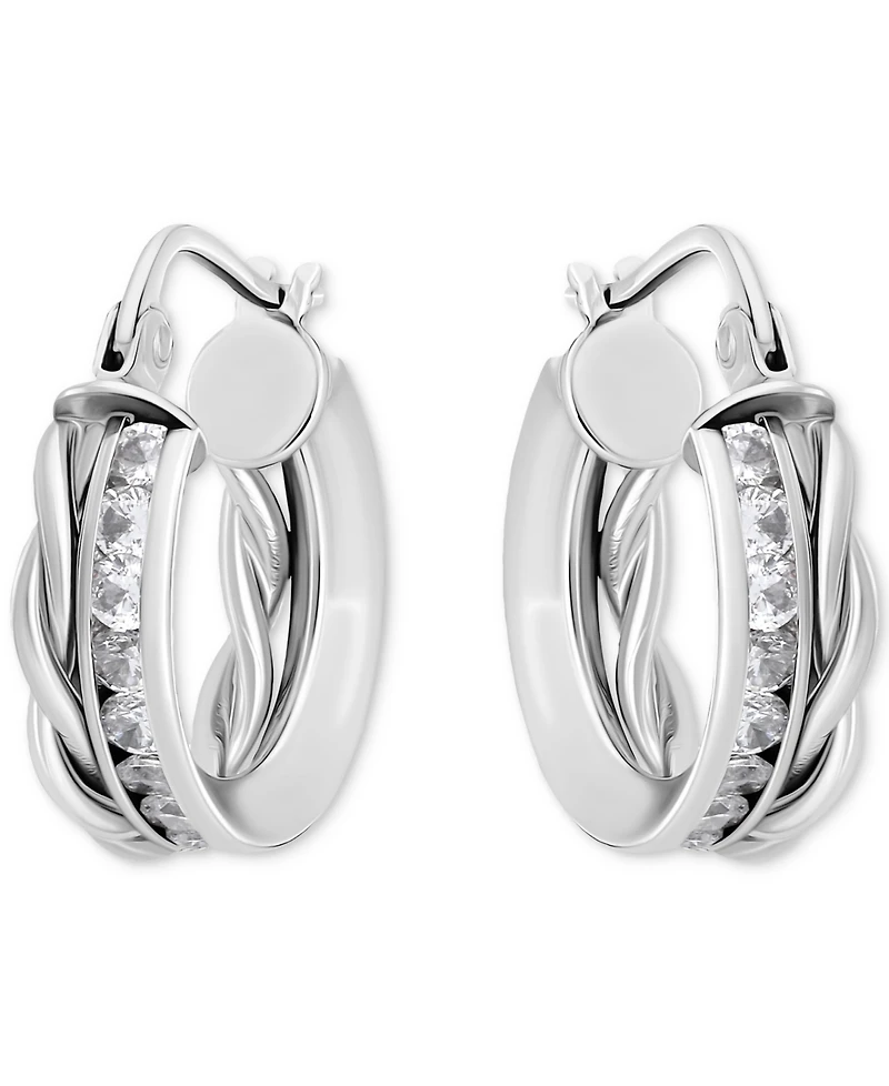 Giani Bernini Cubic Zirconia Channel Set & Twist Double Row Small Hoop Earrings in Sterling Silver, 0.59", Exclusively at Macy's (Also Available in 18
