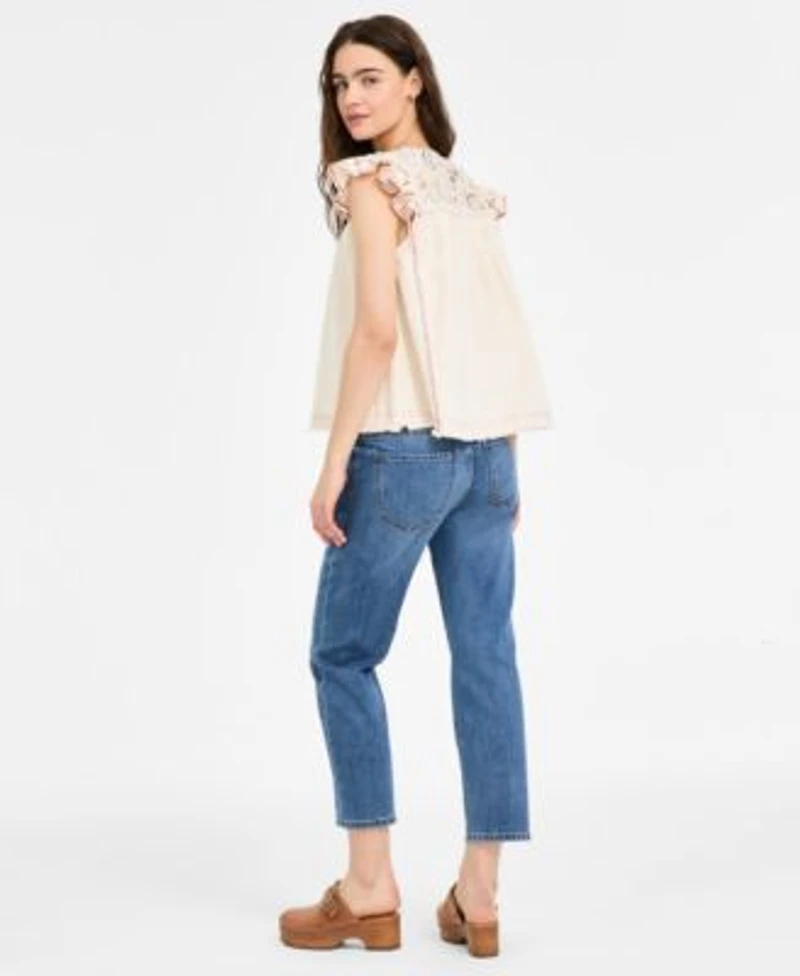 Liverpool Los Angeles Womens Flutter Sleeve V Neck Embroidered Blouse Kennedy Cropped Straight Leg Denim Jeans