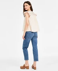 Liverpool Los Angeles Womens Flutter Sleeve V Neck Embroidered Blouse Kennedy Cropped Straight Leg Denim Jeans
