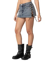 Edikted Womens Casey Lace Up Denim Mini Skirt