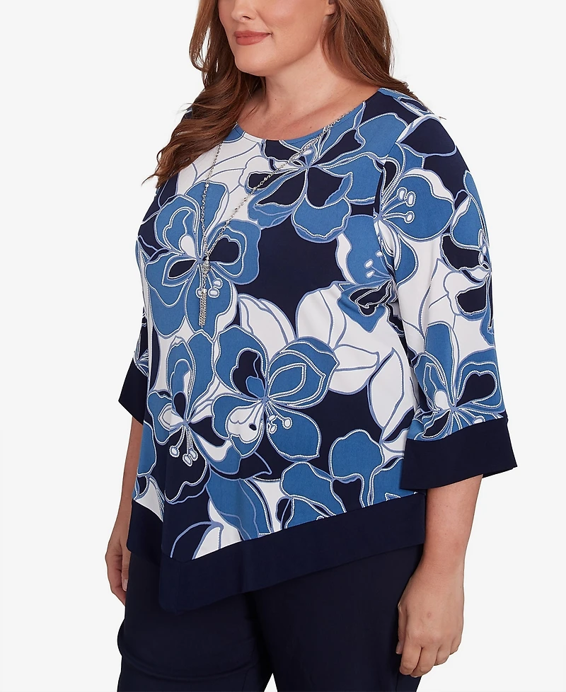 Alfred Dunner Plus Size Classic Abstract Bold Floral Patchwork Top with Necklace