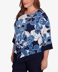 Alfred Dunner Plus Size Classic Abstract Bold Floral Patchwork Top with Necklace