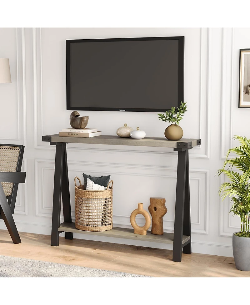 gaomon Farmhouse Entryway Table, Narrow Sofa Table with Open Storage Shelf, Metal Frame Skinny Console Table with V-Shaped Leg Design, Behind Couch Ta