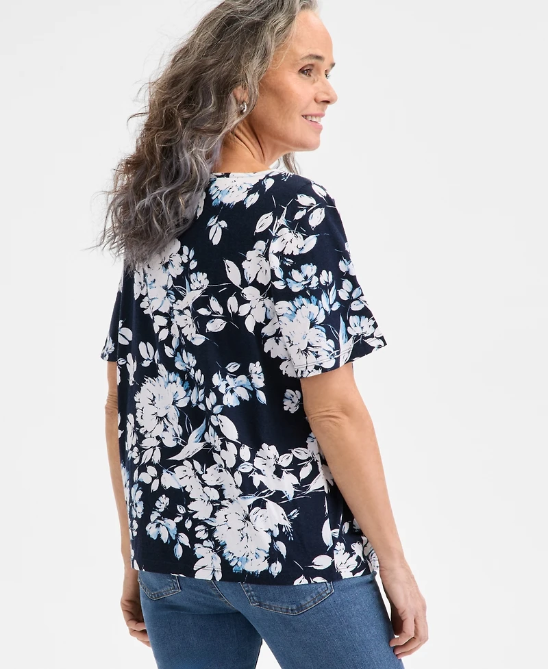 Style & Co Women's Printed Short-Sleeve Embroidered Top, Exclusively at Macy's