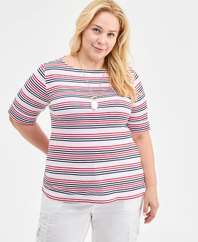 Style & Co Plus Striped Elbow-Sleeve Knit Top