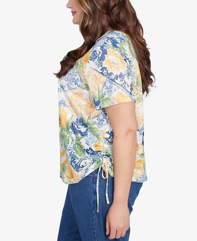 Alfred Dunner Plus Lemon Tile Knotted Crew Neck Top
