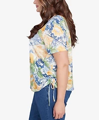 Alfred Dunner Plus Lemon Tile Knotted Crew Neck Top