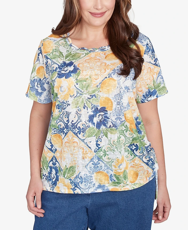 Alfred Dunner Plus Lemon Tile Knotted Crew Neck Top