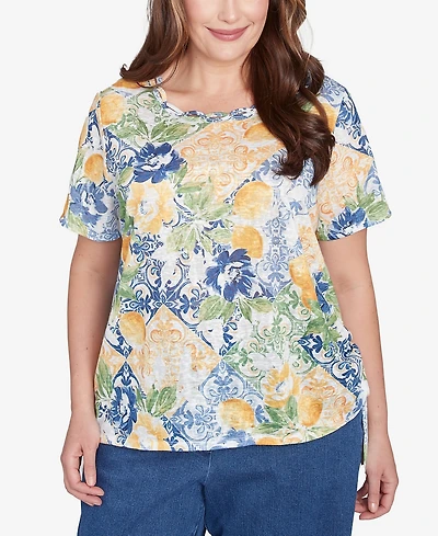 Alfred Dunner Plus Lemon Tile Knotted Crew Neck Top