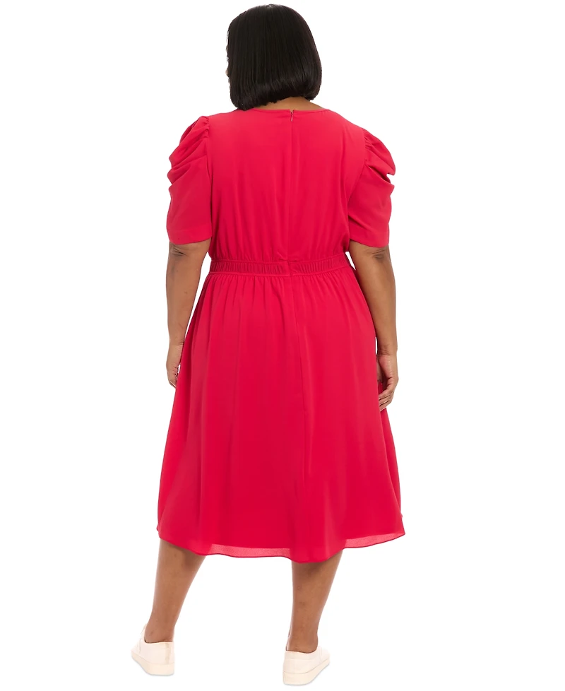 London Times Plus Gathered-Sleeve Smocked-Waist Dress