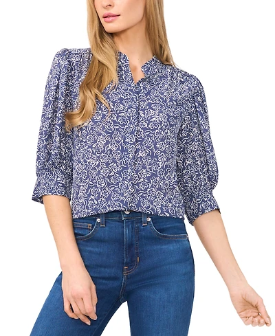 CeCe Women's Printed Open-Collar Elbow-Sleeve Top