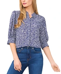 CeCe Women's Printed Open-Collar Elbow-Sleeve Top