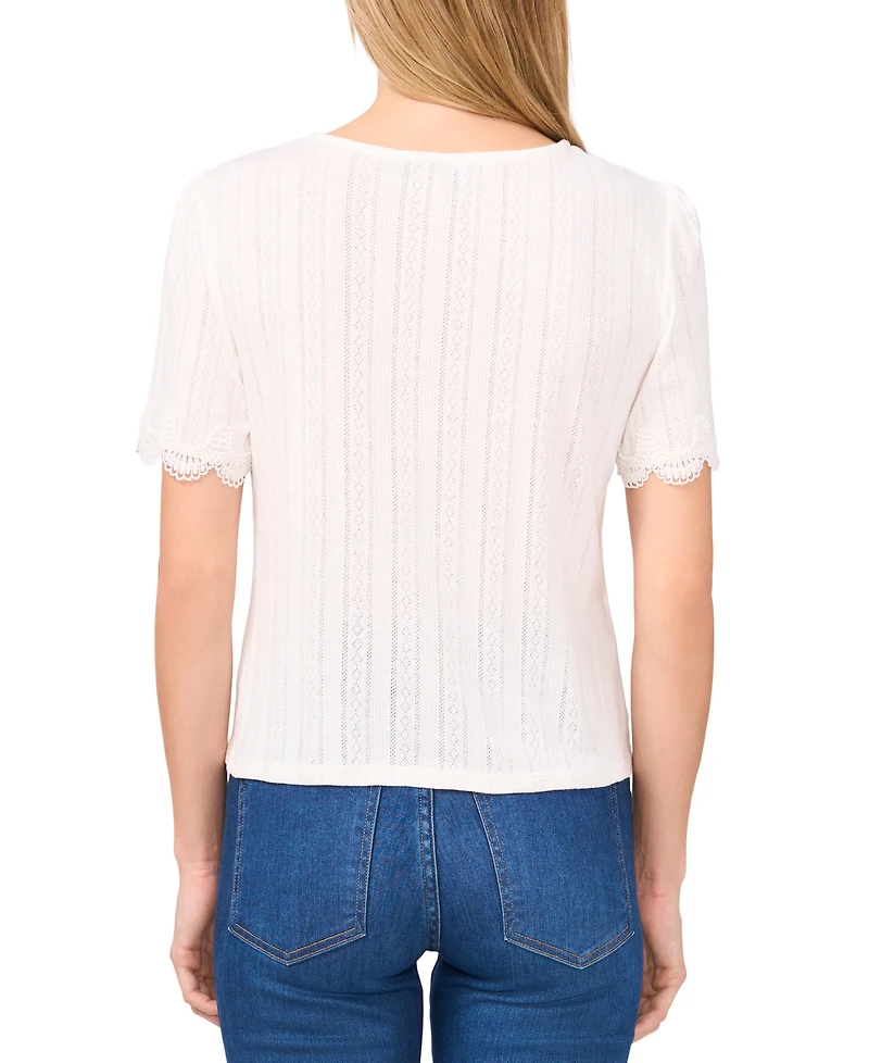CeCe Women's Scalloped-Cuff Lace-Trim Round-Neck Top