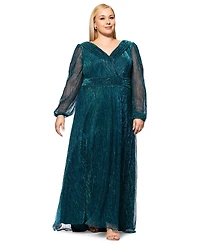 Betsy & Adam Plus Metallic Pleated Split-Sleeve Gown