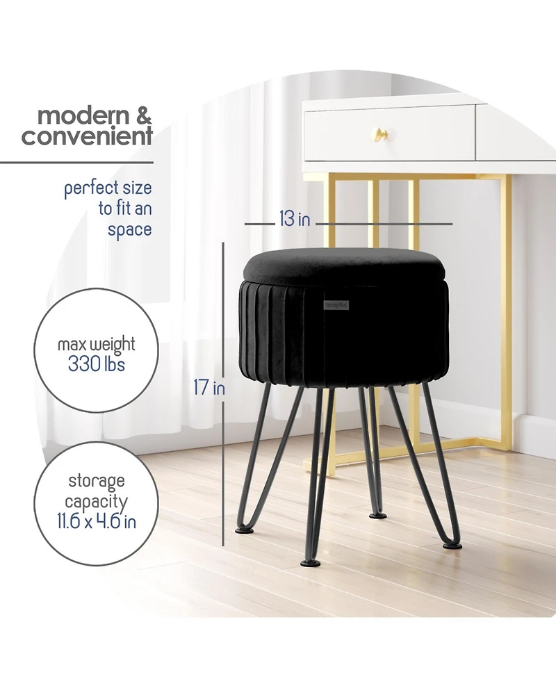 Pleated Velvet Round Ottoman with Storage – Modern Foot Stool, Makeup Vanity Small Rest, Perfect for Living Room & Bedroom