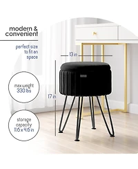 Pleated Velvet Round Ottoman with Storage – Modern Foot Stool, Makeup Vanity Small Rest, Perfect for Living Room & Bedroom