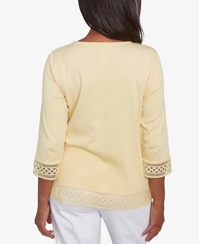 Alfred Dunner Petite Dress Code Solid Lace Trim Top with Necklace