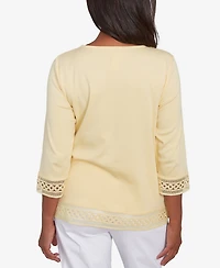 Alfred Dunner Petite Dress Code Solid Lace Trim Top with Necklace