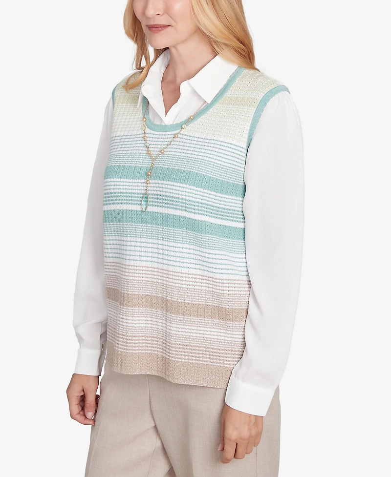 Alfred Dunner Petite Kensington Gardens Striped Vest Collared Two One Sweater with Necklace
