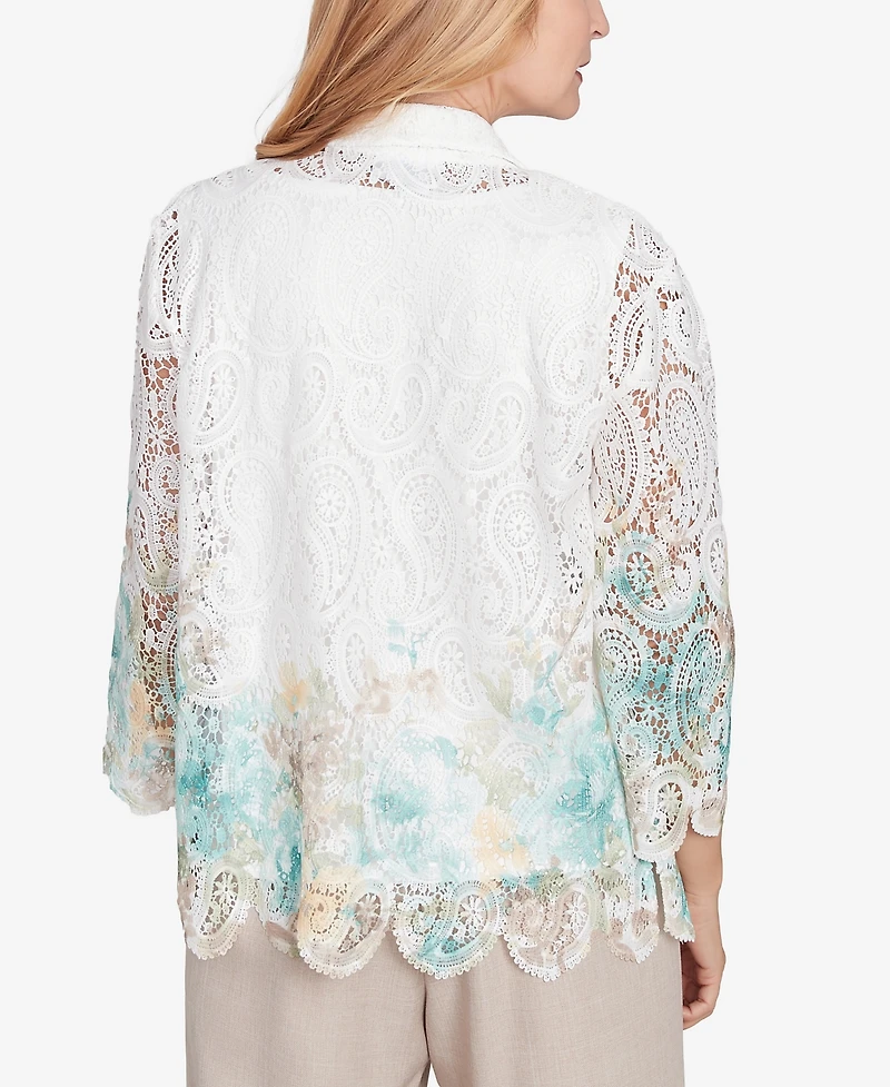 Alfred Dunner Petite Kensington Gardens Two in One Lace Floral Top with Necklace