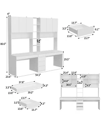Famapy 94.5 in. W Large 2 in. 1 Wood Double Computer Desk White Writing Desk 86.6 in. Tall Bookshelf, Drawers Home Office
