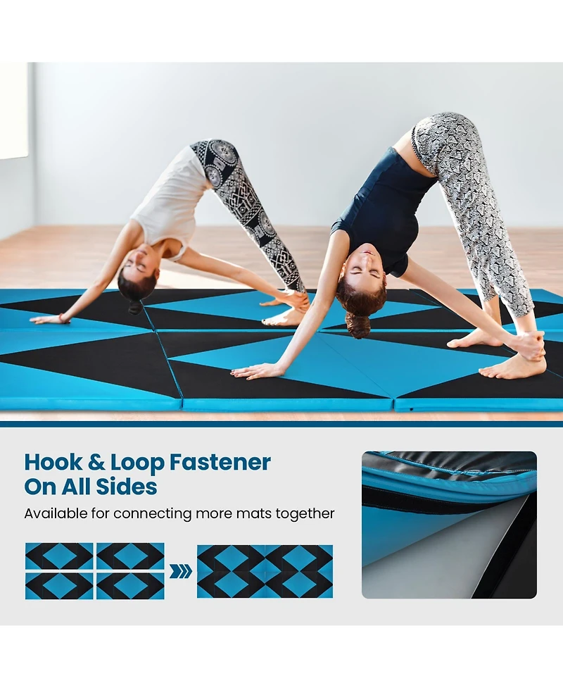 4-Panel Pu Leather Folding Exercise Gym Mat with Hook and Loop Fasteners-Black & Turquoise
