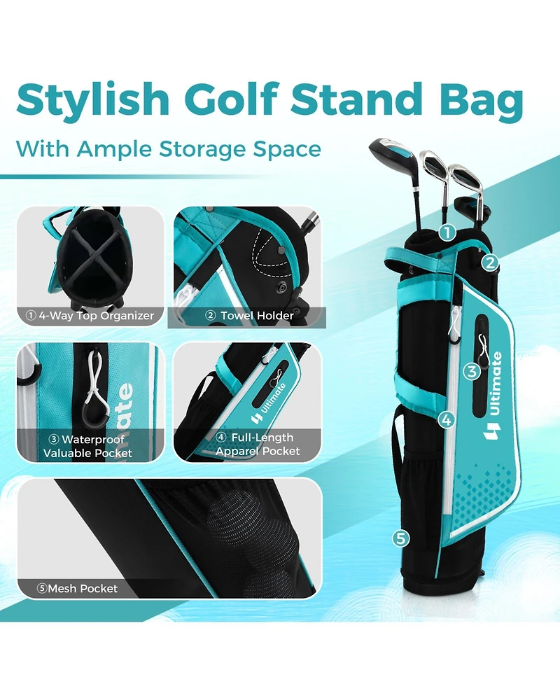 Junior Complete Golf Club Set for Kids with Rain Hood Right Hand Children Golf Age 8-10 Years Old