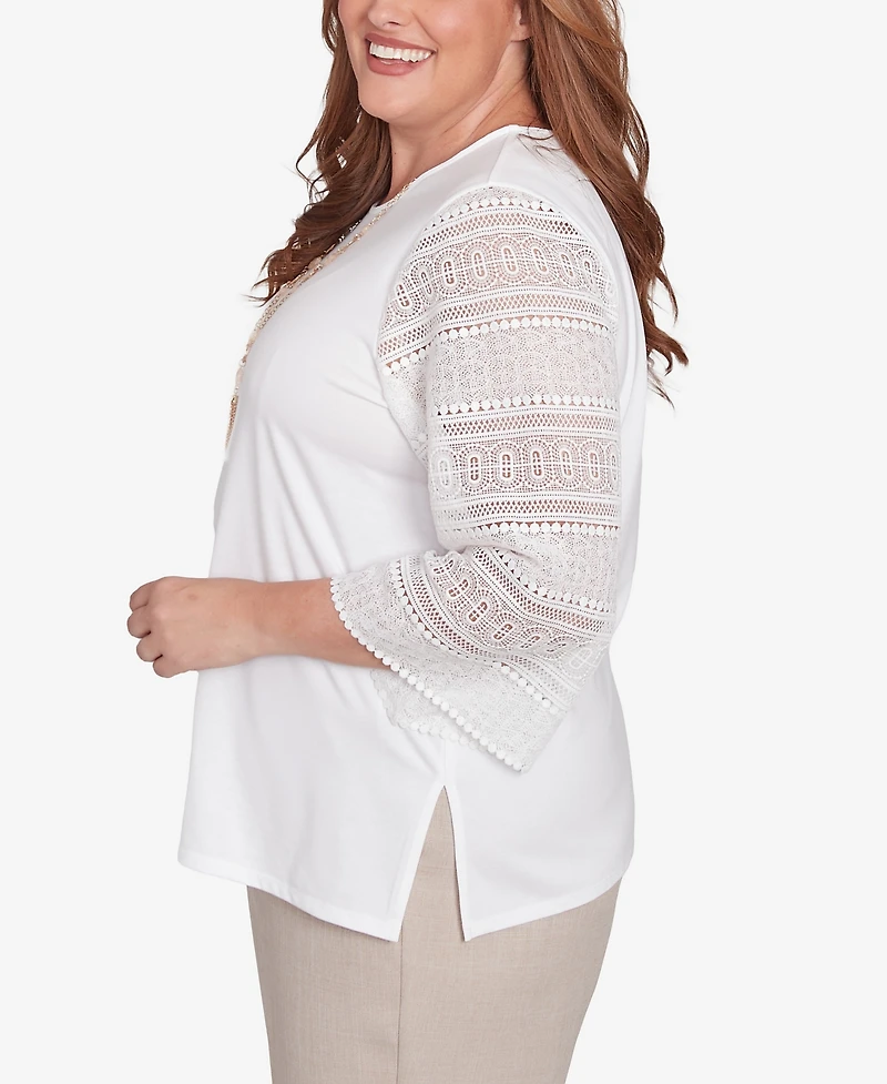 Alfred Dunner Plus Kensington Gardens Solid Lace Sleeve Knit Top with Necklace