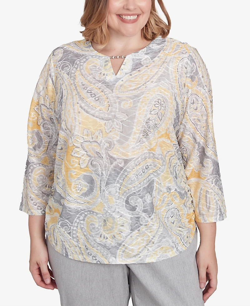 Alfred Dunner Plus Size Dress Code Textured Paisley Beaded Neck Top