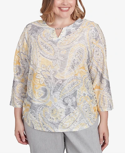 Alfred Dunner Plus Size Dress Code Textured Paisley Beaded Neck Top