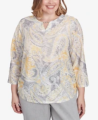 Alfred Dunner Plus Size Dress Code Textured Paisley Beaded Neck Top