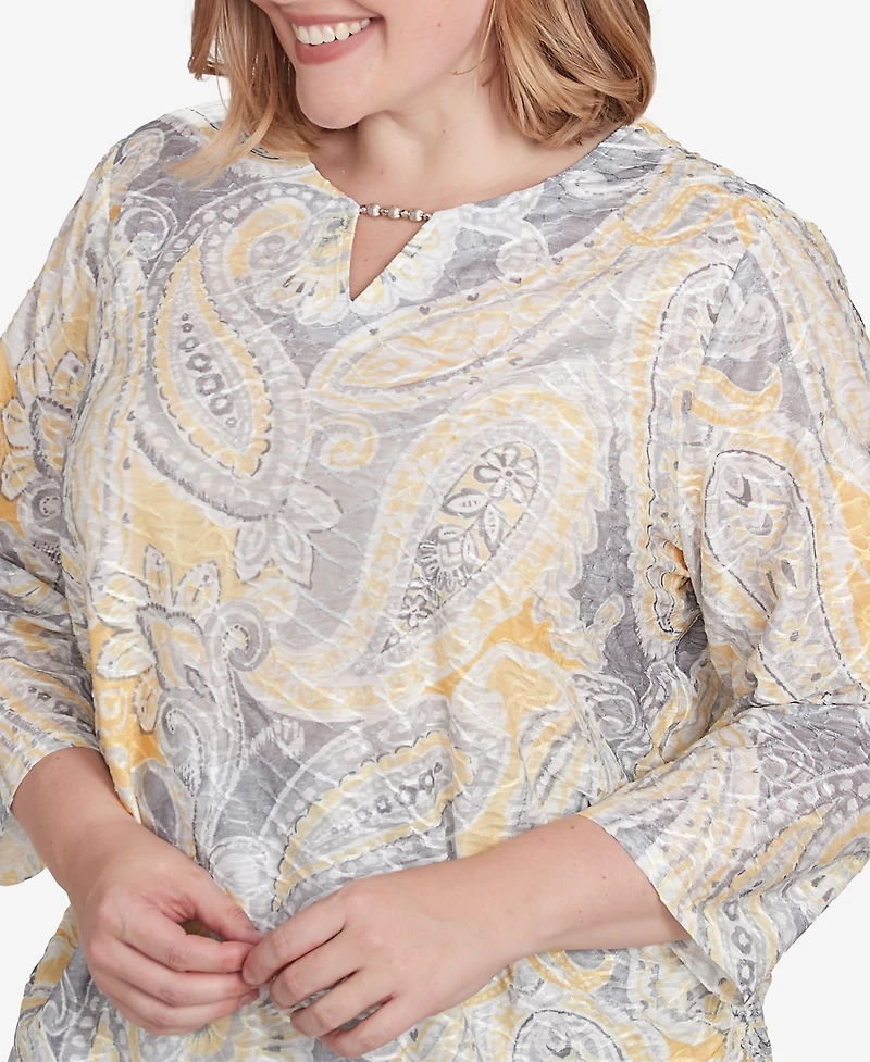 Alfred Dunner Plus Size Dress Code Textured Paisley Beaded Neck Top