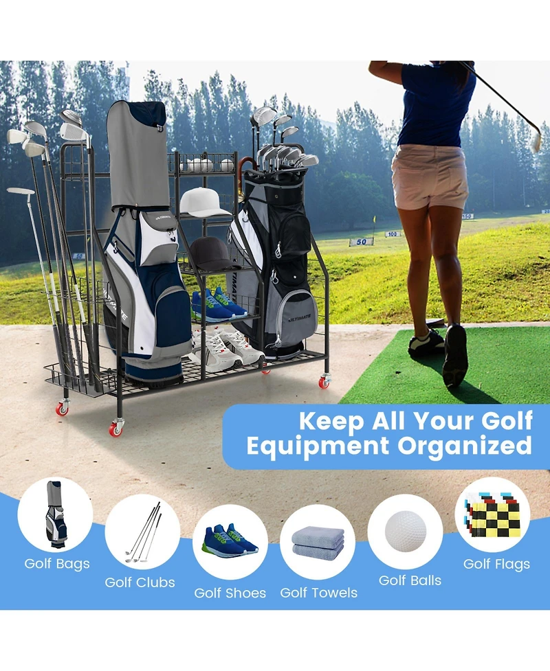 Double Golf Bag Rack with Removable Golf Club Stand and Wheels