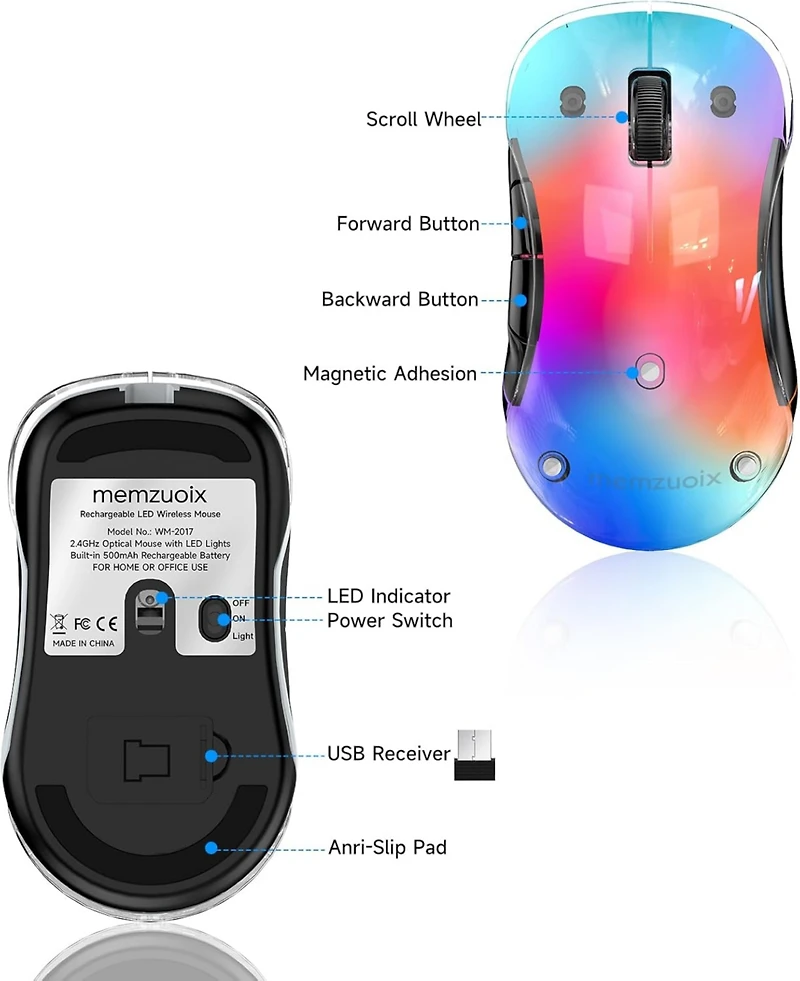 memzuoix 2.4G Led Wireless Mouse, Rechargeable Ergonomic Mouse with Detachable Cover, 1200 Dpi Portable Optical Computer Mouse with Usb Receiver for L
