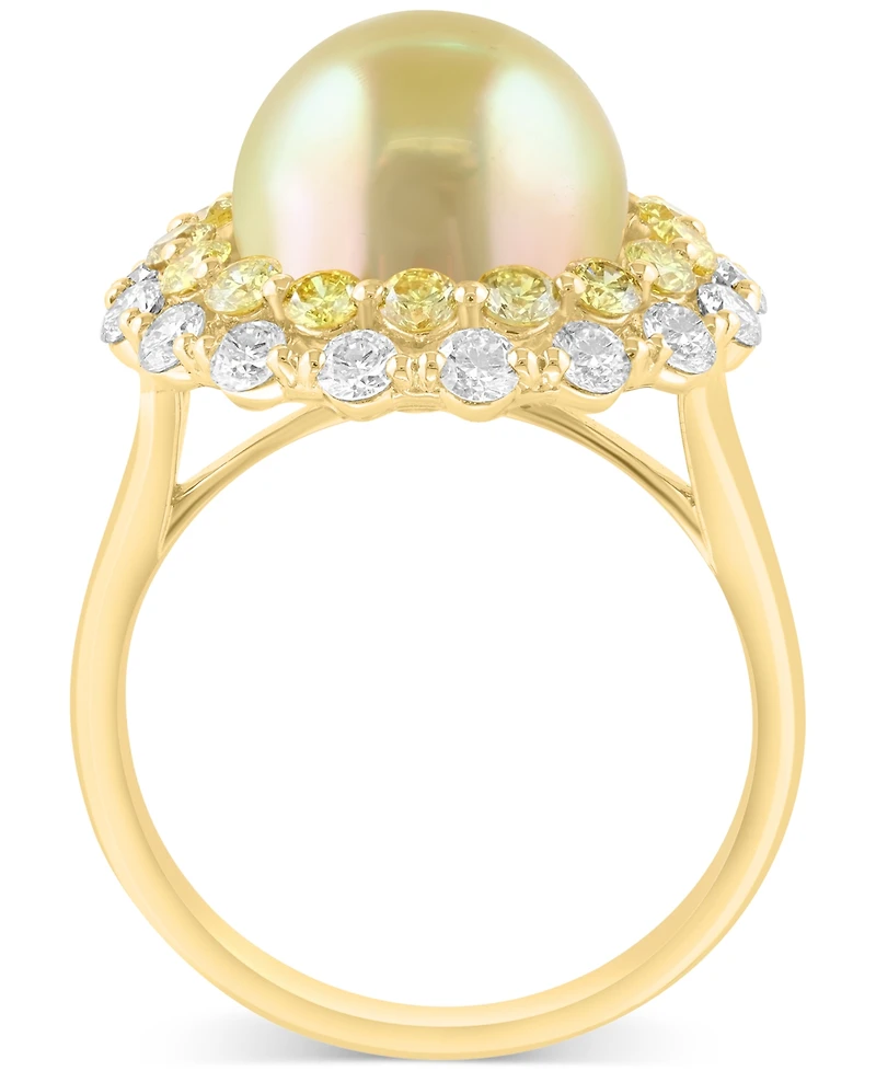 Effy Cultured South Sea Pearl (10mm), Yellow Diamond (1-1/3 ct. t.w.) & White Diamond (5/8 ct. t.w.) Halo Ring in 14k Gold